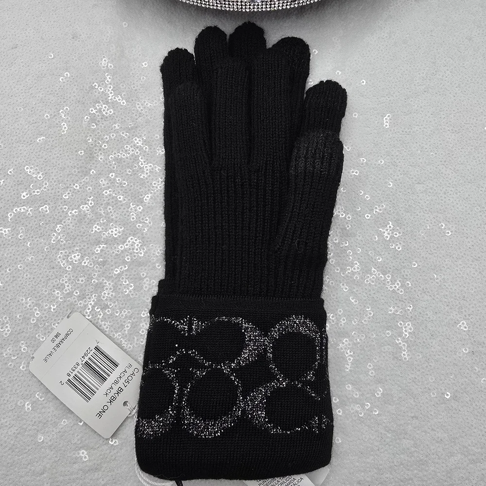 Coach Winter Knit Tech Gloves Black Silver Metallic Merino Warm Wool